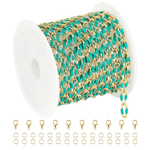 YOUBEIYEE 6.6 Feet Gold Plated Brass Chain on Spool Green Enamel Cable Chain Necklace DIY Jewelry Chains Bulk with Jump Rings and Lobster Clasps - color: Green