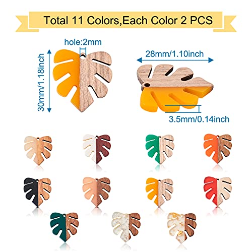 Beadthoven 22pcs/11 Pairs Natural Wood Resin Charms Monstera Leaf DIY Earrings Pendants Mixed Colors Tropical Palm Leaves Wooden Pieces Pendants for Statement Jewelry Making Findings - color: Monstera Leaf