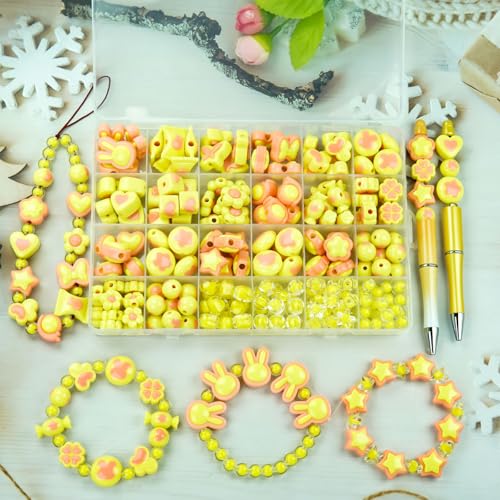 Yellow Chunky Acrylic Bead, Beads for Pens Focal Beads Bracelet Beads Loose Spacer Bead Heart Star Kandi Bead for DIY Beadable Pens Bracelets Necklaces Earings Keychains Jewelry Making (Yellow) - color: Yellow