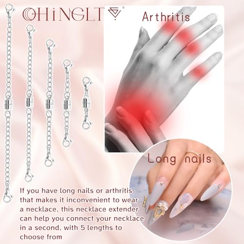 OHINGLT Necklace Extender Magnetic Clasps Chain Extenders for Necklaces,Gold and Silver Magnetic Necklace Clasps and Closures with Bracelet Extension - color: 5Pcs Silver