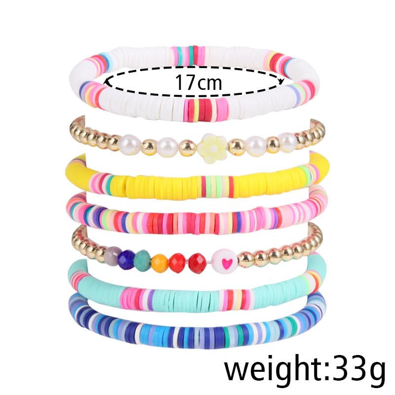 COLORFUL BLING 5-12Pcs Bohemian Love Heart Bead Bracelets for Women Vinyl Disc Heishi Surfer Stackable Stretch Bracelet Summer Beach Boho Jewelry - color: 7pcs half colorful