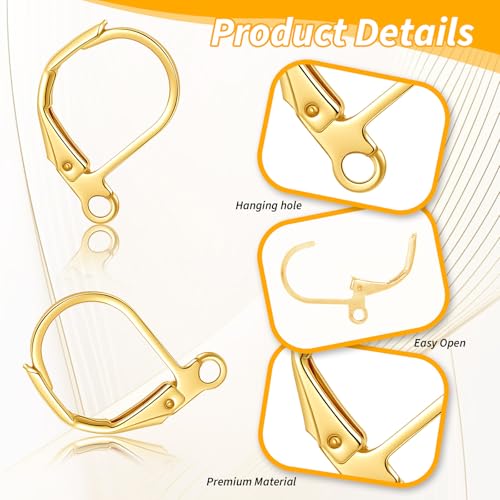 12Pack Gold Earring Hooks for Jewelry Making, Leverback Ear Wire Findings Women Ear Ring Charms, Lever Back Dangle Earring Clasps - Stainless Steel
