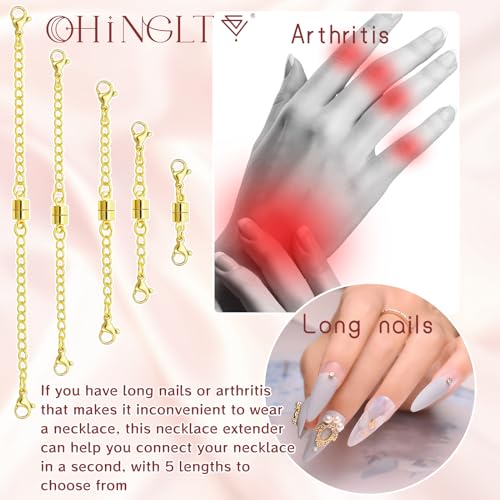 OHINGLT Necklace Extender Magnetic Clasps Chain Extenders for Necklaces,Gold and Silver Magnetic Necklace Clasps and Closures with Bracelet Extension - color: 5Pcs Gold