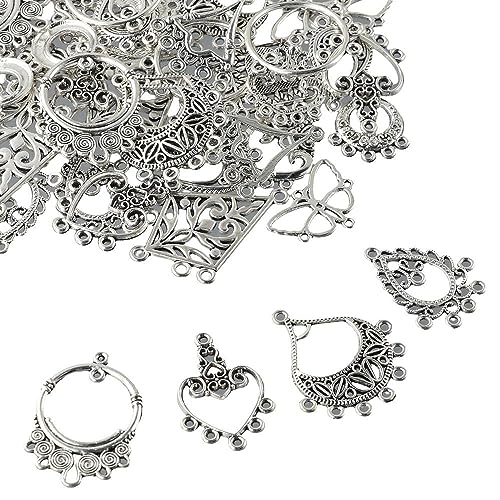 60Pcs Tibetan Antique Silver Dangle Chandelier Component Links,15 Styles Alloy Earrings Connector Charms,Hollow Charms Connectors for Jewelry Making