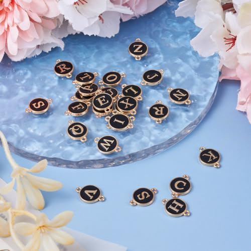 KISSITTY Flat Round with Alphabet Connector Charms Alloy Enamel Letter Links Connectors for DIY Bracelet Earring Jewelry Making - color: Black