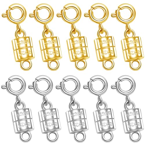 S925 Sterling Silver Magnetic Necklace Clasps and Closures, Magnetic Clasps for Necklaces,Magnetic Clasp Converter for Jewelry Making Supplies (5golden+5silvery) - color: 5golden+5silvery