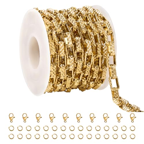 SMYHTGLIF 9.8 Feet Embossed Gold Box Chain for Jewelry Making Stainless Steel Chain Bulk Roll Square Paperclip Link Jewelry Findings - color: Box Gold