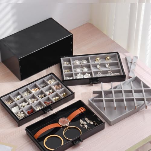 YUFONG Earring Organizer Box Acrylic Jewelry Organizer with 3 Drawers 54 Adjustable Grids Clear Stackable Earring Holder Velvet Trays Ring Display Case for Women Girls (Black Gray) - color: Black Gray