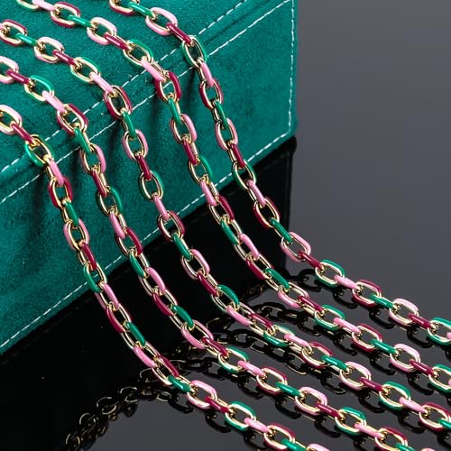 UMAOKANG 2 Meters Colorful Enamel Chain for Jewelry Making Gold Plated Stainless Steel Paperclip Jewelry Chain Roll with Jewelry Findings - color: Pink Green Mixed