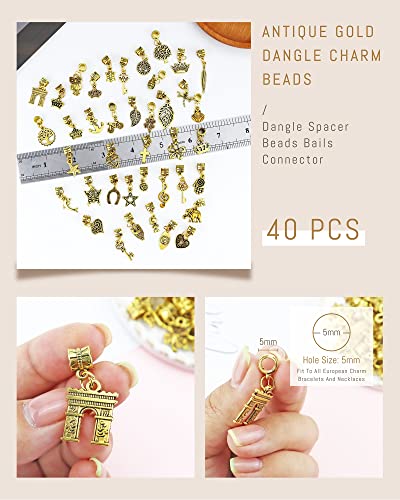 JIALEEY 40Pcs Antique Gold Dangle Charm Beads, Dangle Spacer Beads Bails Connector with Multistyle Pendant Charm Dangler for DIY Bracelet Necklace Jewelry Making