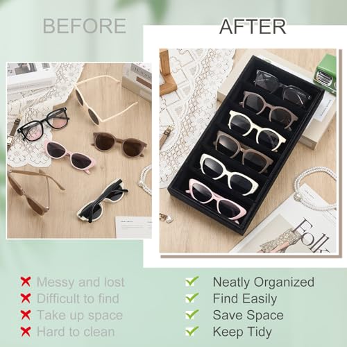 Juexica 4 Pcs Velvet Sunglasses Organizer Tray 6 Grid Sunglass Organizer Velvet Tray Stackable Glasses Display Case for Women Glasses Jewelry Display Watch (Black) - color: Black