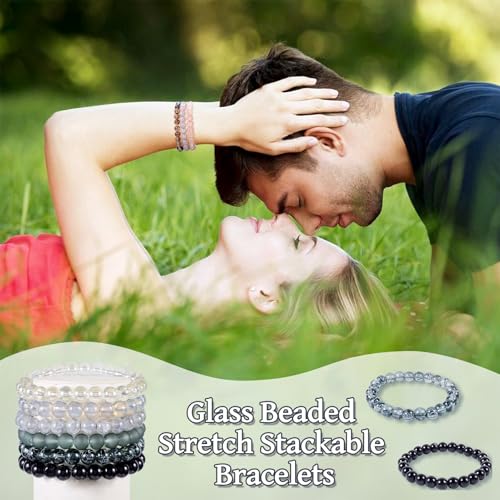 Elecrelive Glass Round Beaded Bracelet Set Clay Beaded Bracelets Stretch Bracelets - color: Black Gray