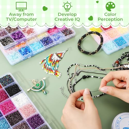 Tondiamo 32000 Pcs 2mm Glass Seed Beads and 12000 Pcs 7mm Tube Beads Set, Small Craft for DIY Bracelet Necklaces Crafting Jewelry Making Supplies with Beading Needles Elastic Strings, 48 Colors