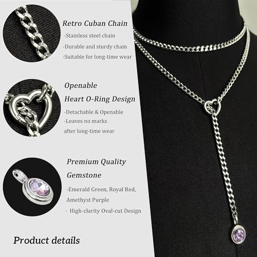 Heart Slip Chain Necklace for Women, 39 Inch Cuban Chain, Removable Heart O-Ring, Crystal Pendant, Adjustable Stainless Steel Y-Necklace - color: Silver-Purple