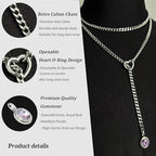 Heart Slip Chain Necklace for Women, 39 Inch Cuban Chain, Removable Heart O-Ring, Crystal Pendant, Adjustable Stainless Steel Y-Necklace - color: Silver-Purple