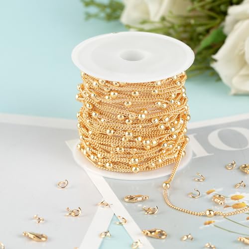 Kyutong 5 Meters Gold Plated Chain for Jewelry Making Thin Curb Link on Spool Beaded Chains Bulk for Necklace Bracelet Ankle Making Finding Jewelry Supplies - color: Bead Gold