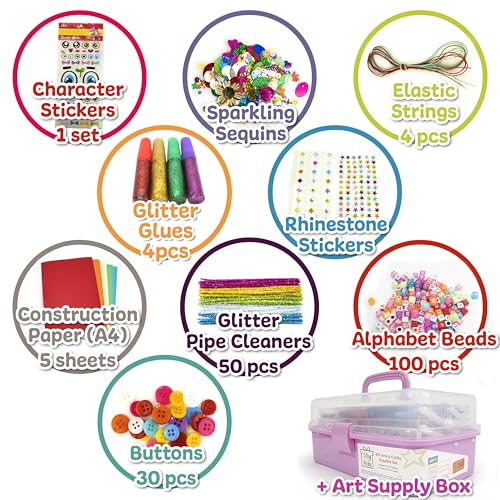 Olly Kids Arts and Crafts Supplies for Kids Girls 4 5 6 7 8 9 10 11 & 12- Ultimate Crafting Supply Carboodle in Portable 3 Layered Plastic Art Box - color: Pink