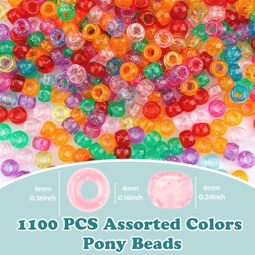 QPIXVB 1100pcs Hair Beads,Pony Beads for Bracelets Making,Colorful 4mm Clear Bead,Bulk Tiny Glitter Pony Bead for Jewelry Making,Necklace Keychain Charms Making Supplies,Crystal - color: glitter beads