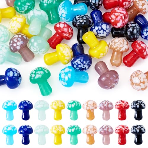 36Pcs Handmade Mushroom Lampwork Glass Beads Colorful Mushroom Shape Loose Spacer Beads Cute Forest Plant Craft Beads Mushroom Ornament for DIY Earring Necklace Bracelet Jewelry Making - color: Mixed Color-C