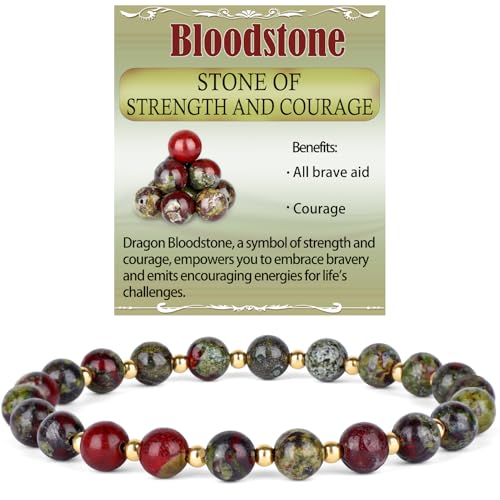 QOGIR 14k gold Handmade Healing Bracelet, Natural Gem Stone Crystal Elastic Gold Bracelet - color: Dragon Bloodstone - Strength and Courage, size: 6m