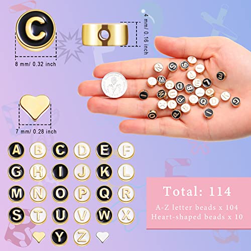 Sureio 114 Pcs Alloy Alphabet Letter Beads 8 mm Flat Round with Letter A-Z Plated Metal Initial Loose Spacer Beads for DIY Bracelet Necklace Earring Jewelry Craft Making(Black, Gold) - color: Black, Gold
