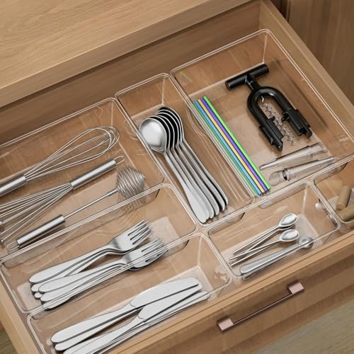 25 Piece Clear Drawer Organizer Set, 4 Sizes Bathroom Vanity Organizer Trays and Storage Bins for Makeup, Cosmetics, Jewelry, and Gadgets. Perfect for Office, Kitchen, Bedroom, Bathroom Use. - size: 25pcs-4size