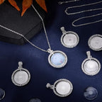 1 Box 24Pcs 30mm Round Rhinestone Trays Pendant Set Round Bezel Pendant Trays Glass Cabochon Blanks Double Sided Rotatable Tray with Silver Chains for Jewelry Making Supplies DIY Necklaces