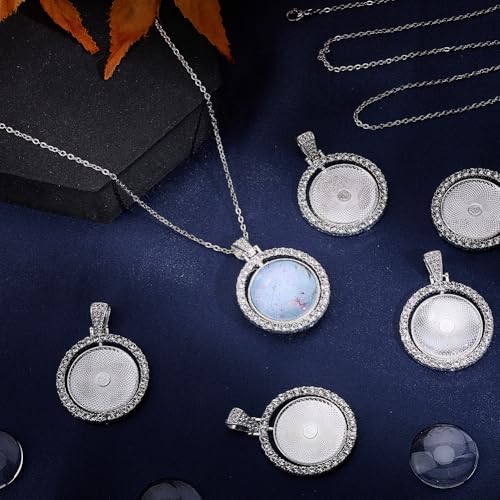 1 Box 24Pcs 30mm Round Rhinestone Trays Pendant Set Round Bezel Pendant Trays Glass Cabochon Blanks Double Sided Rotatable Tray with Silver Chains for Jewelry Making Supplies DIY Necklaces