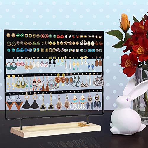 Earring Holder Organizer Stand - Earrings Display Rack 145 Holes Jewelry Holder Tower with Wooden Tray for Earrings Rings Black - color: Black