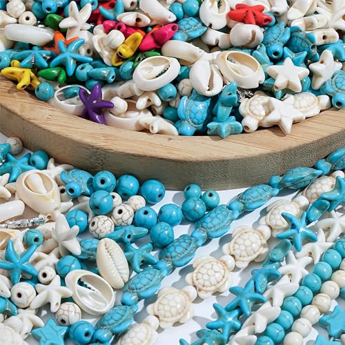 344Pcs Turquoise Sea Turtle Beads Blue and White Starfish Beads Tortoise Turtle Charms Summer Beach Animal Spacer Bead Shell Bead for Jewelry Making DIY Bracelet Necklace (8 Strings) - color: Blue and White