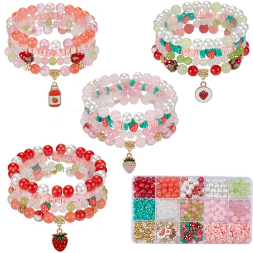 SUNNYCLUE 1 Box About 390Pcs 4 Sets Bracelet Making Kit Strawberry Bracelet Kits Polymer Clay Glass Fruit Flower Wire Beads Sets for Jewelry Making Adults Supplies Women Beginners Adults Starter - style: Strawberry