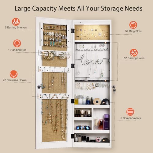 SRIWATANA Jewelry Armoire Cabinet, Solid Wood Jewelry Organizer with Full Length Mirror Wall/Door Mounted(Washed White) - color: Washed White