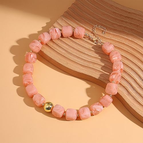 Chunky Acrylic Resin Beaded Necklace for Women Colorful Large Round Choker Adjustable Stack Acrylic Beads Necklace Resin Summer Party Jewelry - style: Peach Pink
