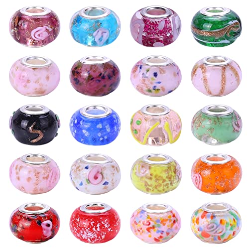 50 Pieces European Large Hole Spacer Beads,Lot Floral Mixed Colors Murano Glass Charm Lampwork Beads Silver Color Core for Jewelry Making