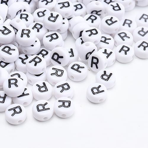 100Pcs Letter Beads 4x7mm White Round Acrylic Alphabet Beads Letter R Beads for Jewelry Making DIY Bracelets Necklaces Key Chains - color: R 100Pcs