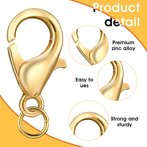 Grevosea 300PCS Lobster Claw Clasps with Open Jump Rings 12mm Metal Lobster Clasps for DIY Craft Bracelet Jewelry Making (Gold, Clasp: 12x7mm+Ring:5mm)