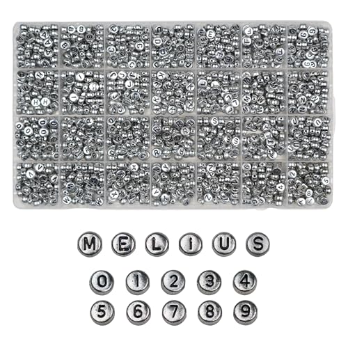 Melius Acrylic Silver Letter Beads, 1450 Pcs 4x7mm Round Alphabet Beads in 28 Grid Box for Jewelry Making, DIY Bracelets, Necklaces, Key Chains, Bracelets - color: Silver, size: 4x7mm