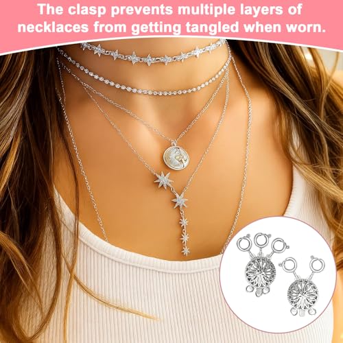 Layering Necklace Clasp, 14k Silver, Necklace Separator, Necklace Layering Clasps for Women's Tangle Free Safety Jewelry Locking Clasp Converter Chain Extender (2 PCS)