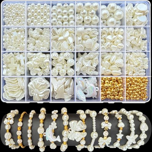 990Pcs ABS Imitation Pearl Beads for Jewelry Making, Assorted Heart Star Bow Flower Seashell Starfish Aesthetic Cute Bead for Bracelet Necklaces Earrings DIY Crafts Phone Charm Keychain - color: White+gold