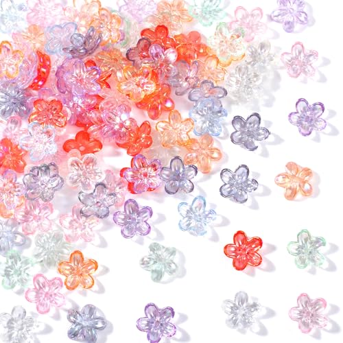 100pcs Cherry Blossom Beads, 5-Petal Acrylic Flower Beads, Mini Spacer Charms for Hair Accessories Bracelets Earring Jewelry Making- Colorful - color: Colorful- A Style