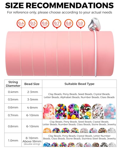 6 Rolls FIVEIZERO Elastic Bracelet String Cord, 0.4mm, 0.5mm, 0.6mm, 0.7mm, 0.8mm, 1mm Crystal Clear Stretchy Elastic Bead String for Bracelets, Jewelry Making and Clay Pony Seed Stone Beads Beading - size: 0.4+0.5+0.6+0.7+0.8+1mm Round (6 Pack)