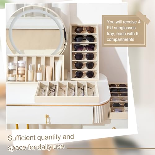 Juexica 4 Pcs Velvet Sunglasses Organizer Tray 6 Grid Sunglass Organizer Velvet Tray Stackable Glasses Display Case for Women Glasses Jewelry Display Watch (Beige PU) - color: Beige Pu