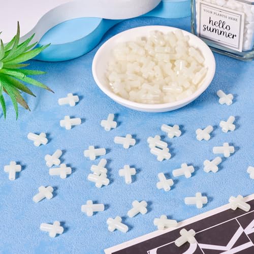 100Pcs Glow in the Dark Acrylic Cross Beads Crucifix Focal Beads White Cross Charms for Easter Pens Keychain Crafts DIY Jesus Bracelet Rosary Jewelry Making Supplies 16x12mm - color: Luminous Mint Cream