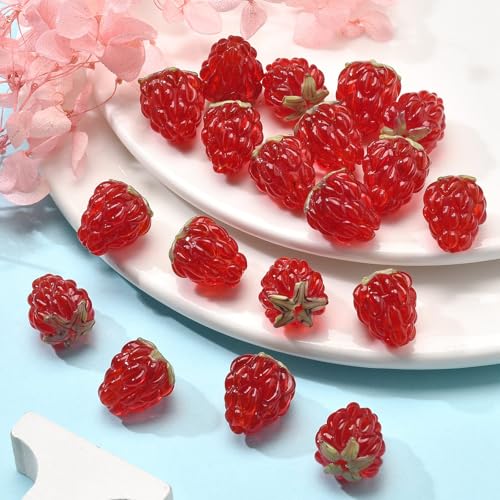 Ornazy 20 pcs Lampwork Raspberry Summer Cute Glass Fruit Beads Handmade Imitation Food Beads for DIY Earring Necklace Jewelry Supplies
