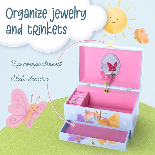 The Memory Building Co Butterfly Musical Jewelry Box Plays Classic Melody, Storage Organizer Music Box for Kids Ages 6-12, MDF Wood w/ 2 Fabric Lined Ring Bracelet Necklace Treasure Compartments - style: Butterfly