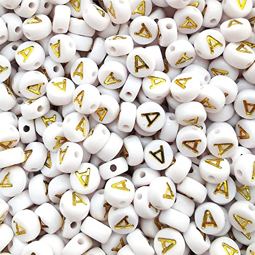 Amaney Vowel Letter Beads A 100pcs 7x4mm White Round Acrylic Gold Alphabet for Bracelet Jewelry Making - color: Gold-A