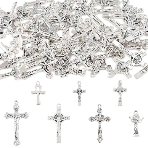 13-200Pcs Assorted Shapes Pendants Charms 14 Styles Antique Silver Bronze Tibetan Alloy Charms Vintage Pendants for Jewelry Bracelets Neckalces Earrings Keychains Making and Crafting - color: Mixed Cross- 70 cs