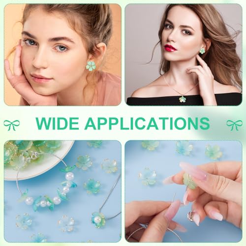 100pcs Cherry Blossom Beads, 5-Petal Green Gradient Acrylic Flower Beads, Mini Spacer Hair Accessories Halloween Christmas for Bracelets Earring Jewelry Making - color: Green