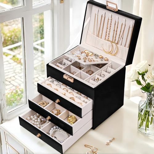 Leather Jewelry Box with Lock for Women, 4-Tier 3-Drawer Jewelry Organizer, Large Capacity Vanity Storage Case for Earrings Rings Necklaces, Gift for Her (Black) - color: Black
