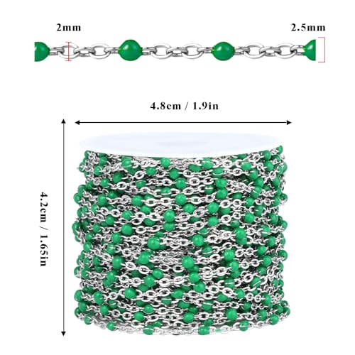 33 Feet Stainless Steel Enamel Chains Bulk, 2mm 304 Stainless Steel Green Enamel Beaded Cable Link Chain Roll Spool for Jewelry Making - color: Stainless Steel Green Beads